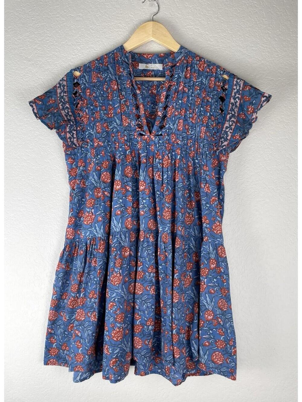 Bindu Paola Dress Royal Blue Block Floral Print Boho Pleated Tunic Mini M
